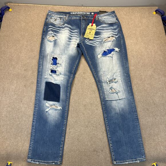 Grindhouse Denim Jeans Men's 42x32 Blue Distressed Patches Whiskers Stretch NEW - Picture 1 of 16
